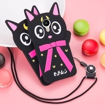 Lovely Carton Cat Soft Silicone Protective Case With Lanyard For Meizu M3 Note/M2 Note/Metal